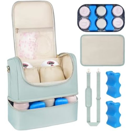 Wearable Breast Pump Bag with Cooler Compartment Fits for Willow/Elvie/Momcozy M5/S12 Pro/Medela, Breast Milk Travel Tote Bag with Ice Pack & Waterproof Mat,Mint Green