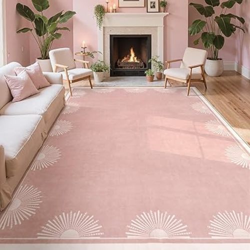 Modern Pink 8x10 Rug for Living Room,Ultra Thin Washable Bedroom Rug 8x10 Under Bed, Non Slip Sun Print Large Rugs, Non Shedding Throw Carpet for Girls Room Nursery Dorm(8'x10',Pink)