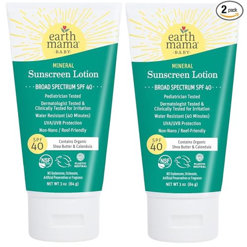 Earth Mama Baby Mineral Sunscreen Lotion SPF 40 - (2 Pack) 3 oz - Non-Nano Zinc - Broad Spectrum for Babies, Kids & Family - Water Resistant Sun Protection