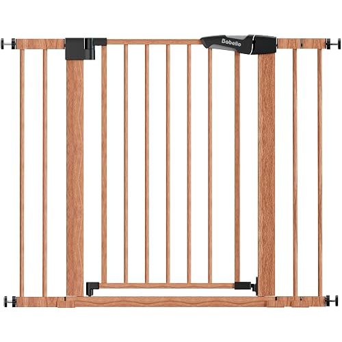 Mom's Choice Award Winner, Babelio 26-40" Metal Baby Gate with Wood Pattern, PressGuard C5 Easy Install Pressure Mounted Dog Gate for Stairs and Doorways, with Wall Protectors and Extension Kits