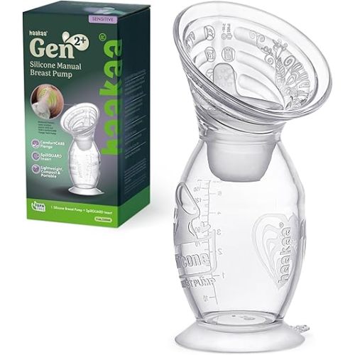 haakaa Gen.2 Plus Upgraded Manual Breast Pump, 4oz/100ml Multi-Ring ComfortCARE Sensitive Silicone Breast Pump with Stopper Set, Patent-Pending Design for Breastfeeding Moms