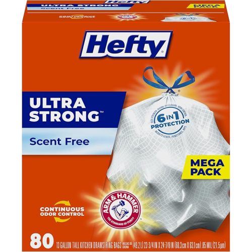Hefty Ultra Strong Tall Kitchen Trash Bags, Unscented, 13 Gallon, 80 Count