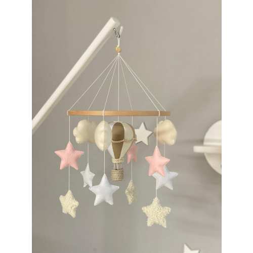 Felt Pink Baby Mobile – Hot Air Balloon Nursery Decor, Vintage rustic, Neutral baby shower gift, Felt handing mobile