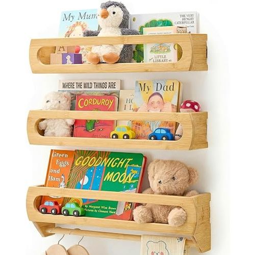 Homewisp Floating Shelves for Wall, Premium Bamboo Wood, Fully Assembled - Nursery Book Shelves, Nursery Decor, Book Shelf for Kids Rooms, Set of 3 Natural