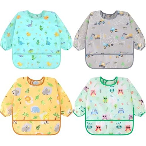 Accmor 4 Pack Long Sleeve Bibs, Baby Smock Waterproof Full Sleeved Bib for Baby Toddler 6-36 Months