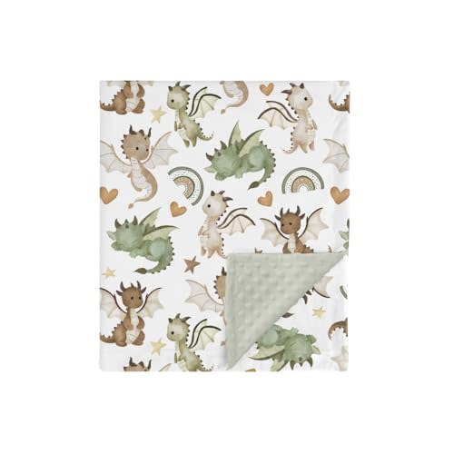 HawSkgFub Cute Green Dragons Mink Baby Blankets with Dotted Backing Boys Shower Gift, Dragon Lover Rainbow Heart Star Double Layer Nursery Swaddle, Soft Newborn Infant Toddler Bed Crib Bedding 30 x 40