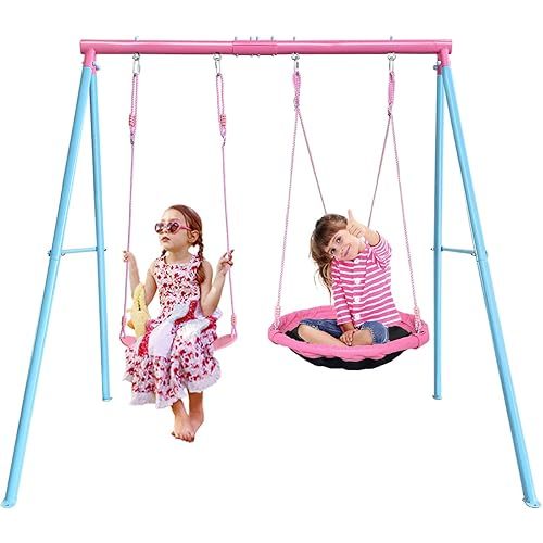 440lbs 2 Play Stations Swing Sets for Backyard, 1 Saucer Tree Swing 32 inch, 1 Belt Swings, Heavy Duty Metal Swing Stand with Anchors(Pink+Blue)