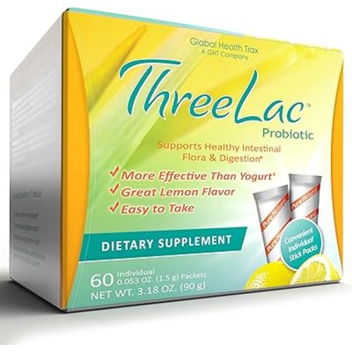 Global Health Trax GHT - ThreeLac Lemon Probiotic Drink Mix for Digestive Health - Advanced Probiotic Powder Formula for Men, Women & Kids - Immune Support & Gut Balance, Non-GMO - 60 Packets