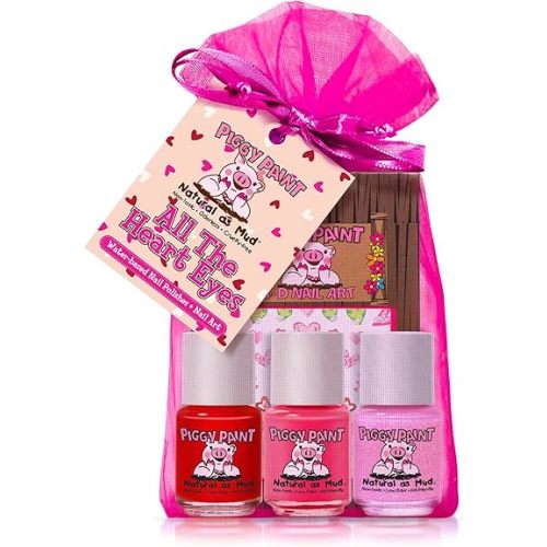 Piggy Paint | 100% Non-Toxic Girls Nail Polish | Safe, Cruelty-free, Vegan, & Low Odor for Kids | All the Heart Eyes (3 Polish + Nail Art Gift Set)