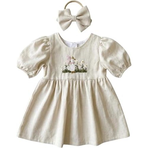 Baby Girl Dress, Hand Embroidered Goose Linen Dress 12-18 Months, One Silly Goose Birthday Outfit Girl, Cream Cottage Core