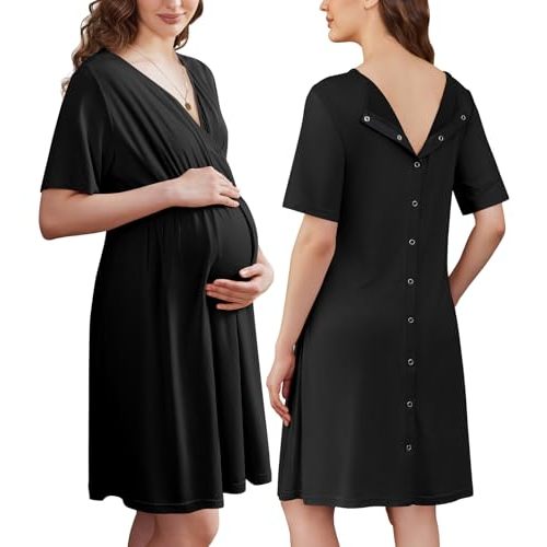 Ekouaer Labor and Delivery Gown for Hospital V Neck Maternity Nursing Dress | Birthing Gown, Open Back Button closure, Skin-friendly, Short Sleeve, Split Front Flap, Stretchy, Breastfeeding, C-section