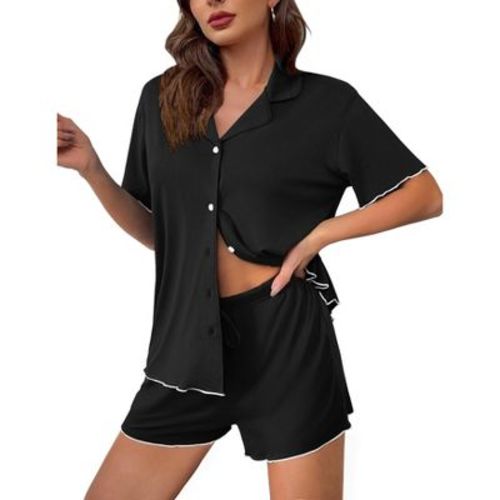 Ekouaer Womens Pajama Sets Button Up Pjs Shorts Sets Soft Sleepwear 2 Piece Lounge Sets for Bridal Parties Postpartum Black M