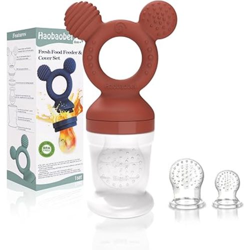 Baby Fruit Feeder, Frozen Teething Toys for Babies, Teether Pacifier with 3 Extra Teats, Eating Essentials, BPA Free Baby Feeding Supplies (Copper)
