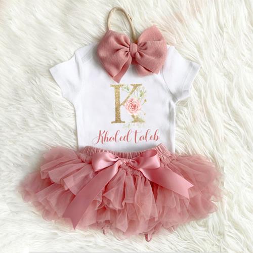 3 Pieces Personalized Vintage Pink Floral Baby Girl Tutu Outfit Set