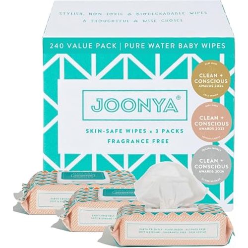 JOONYA Unscented Baby Wipes — Plant-Based, Fragrance-Free Bulk Diaper Wipes | Hypoallergenic, Non-Toxic & Biodegradable Wet Wipes for Sensitive Newborn Skin | 3 Packs of 80 (240 Total)