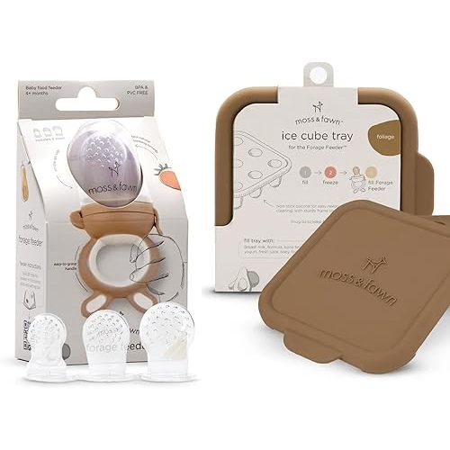 Moss and Fawn Baby's First Bites Bundle - Silicone Frozen Breast Milk Popsicle Kit with Forage Feeder & Teething Popsicle Ice Cube Tray - BPA, PVC, & Lead-Free - Foliage