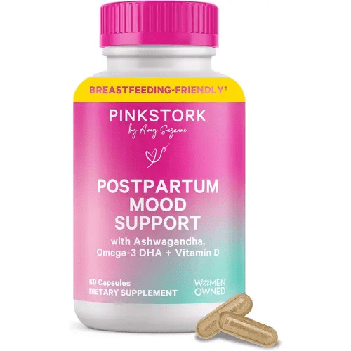 Pink Stork Postpartum Mood Support - Postnatal Hormone Balance for Women - Breastfeeding Friendly - Stress & Cognitive Support, New Mom Essentials - Ashwagandha, Chamomile, & Vitamin D, 60 Capsules