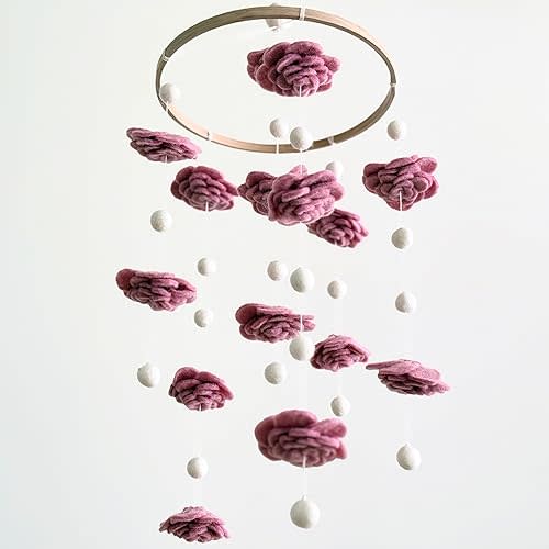 Handmade Felt Blush Rose Floral Nursery Mobile, Blush Rose Floral Crib Mobile, Boho Nursery Decor, Natural Wool & Wood Hanging Mobile, Unique Baby Shower Gift, Fair Trade & Handcrafted in Nepal