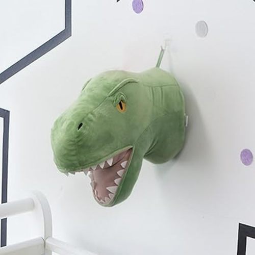 3D Dinosaur Head Wall Hanging Mounted Decor Soft Plush Stuffed Animal Heads Wall Mount Decor for Children Room Nursery Room Bedroom Playroom Decoration (Green Dinosaur)