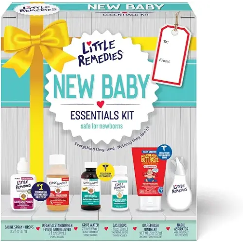 Little Remedies New Baby Essentials Kit with Saline Nasal Spray, Diaper Rash Cream, Gas Relief Drops, Gripe Water & More, Safe for Newborns, Multi-Color