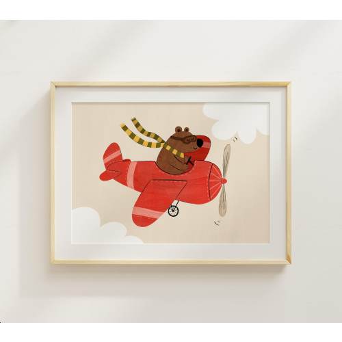 Bear in Red Airplane Nursery Print: Whimsical Animal Wall Art