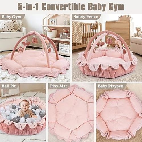 5-in-1 Plush Baby Play Gym, Activity Mat with Convertible Gym, Baby Gym 6 Sensory Toys, Play Center for Newborn to Toddler, Pink