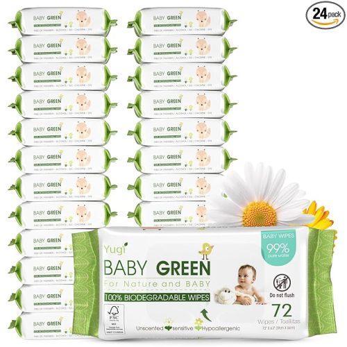 Yugi Green Baby Wipes – Unscented, Compostable, Biodegradable, Plant-Based, Fragrance-Free, for Sensitive Skin & Babies – 24 Packs of 72 (1728Count)