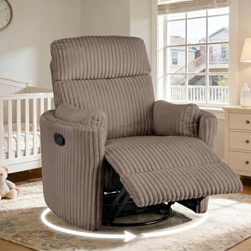 Oversized Swivel Rocking Chair, Manual Rocker Recliner Chairs for Adults, Corduroy Nursery Glider Barrel Chair with 2 Pillows, Wide Recliner for Living Room, Bedroom, Nursery, Brown
