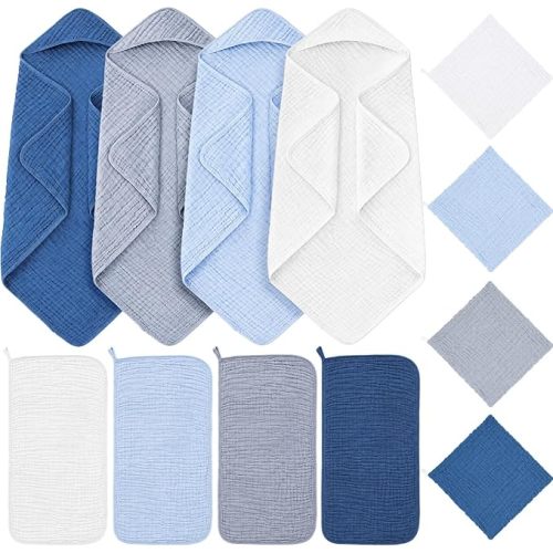 Breling 12 Pcs Muslin Hooded Baby Bath Towel Set, Light Blue Series
