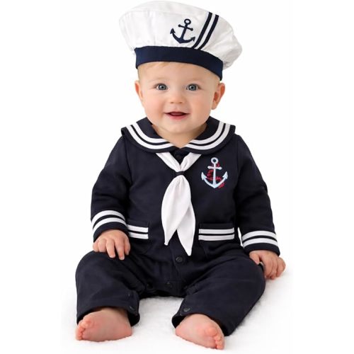 stylesilove.com Baby Boy Marine Sailor Cotton Romper Onesie with Hat and Necktie 3pcs Holiday Outfit