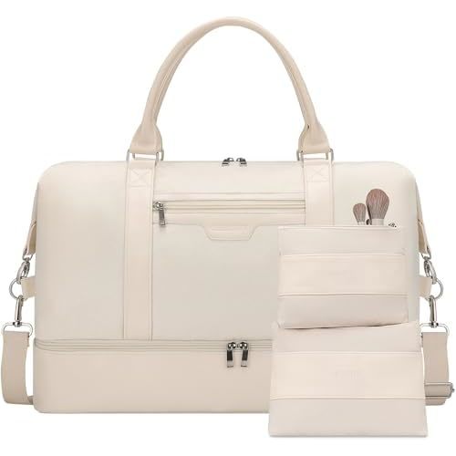 Oeihuivt Weekender Bags for Women - 21 Inch Large Travel Duffel Bag 2-Piece Set with Shoe Compartment, Heavy-Duty Canvas Leather Carry On Overnight Tote