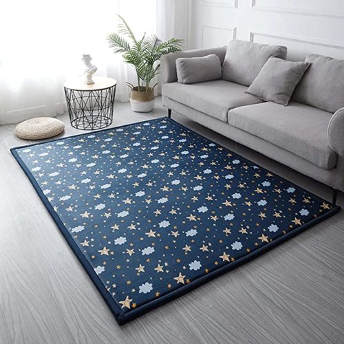 Loartee Coral Velvet Area Rug - 1" Thick Memory Foam Baby Play Mat, Washable Toddler Carpet, Home Decor for Living Room, Nursery, Kids Bedroom, Starry Blue, 6'7"x6'7"