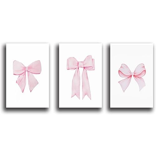 GZJBJITQ 3 PCS Trendy Pink Bow Wall Art Preppy Watercolor Bows Canvas Posters Dorm Wall Art Girly Room Decor Aesthetic Coquette Wall Decor for Bedroom Decor