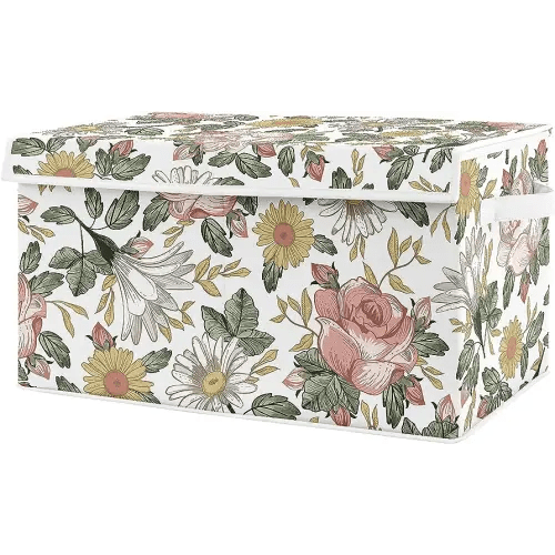Sweet Jojo Designs Vintage Floral Boho Girl Small Fabric Toy Bin Storage Box Chest For Baby Nursery or Kids Room - Blush Pink, Yellow and Green Shabby Chic Rose Flower Farmhouse
