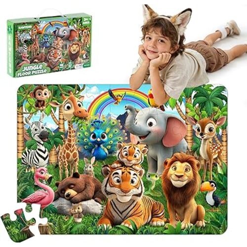 Floor Puzzles for Kids Ages 3-5, Jungle Animals Puzzles for Toddler Ages 4-6, 46 Pieces Jumbo Puzzles with Box, Animals Toys for Gifts 3-8 Years Old