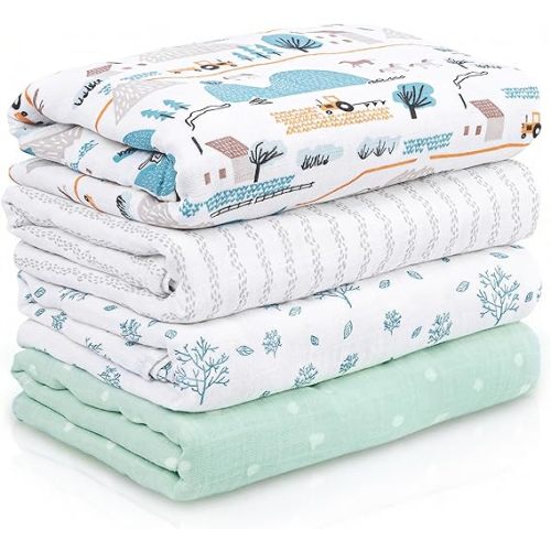 4-Pack Muslin Swaddle Blankets for Newborns | 100% Cotton Breathable Soft, Large 31.5"x43.3" | Multi-Use Stroller Sunshade Nursing Cover & Receiving Blanket, Blue Dinosaur