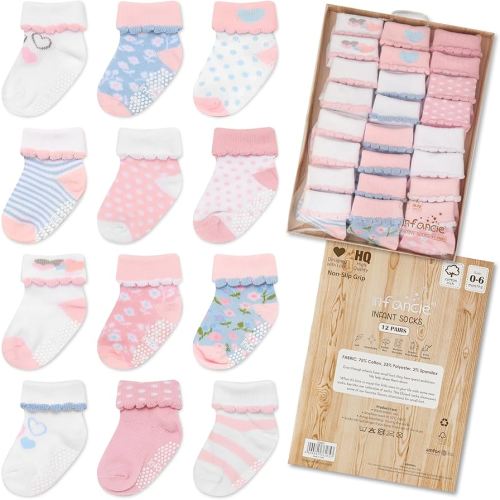 Baby Socks 12 Pairs - Non-Slip Infant Grip for Newborns & Toddlers 0-6 Months, Boys & Girls, Safe for Walking