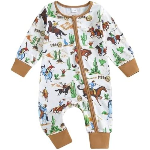 Western Baby Boy Girl Clothes Cow Horse Print Romper Zipper Long Sleeve Jumpsuit Bodysuit Newborn Fall Outfit