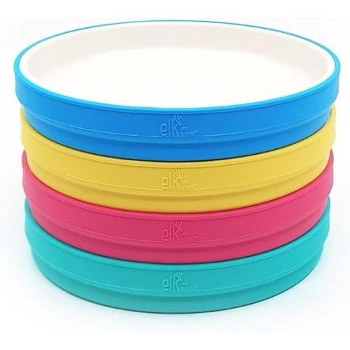 Elk and Friends Kids 7.8” Porcelain White Plates with Silicone Sleeves | Suitable for Babies/Toddlers | Microwave & Dishwasher Safe | Non Slip Dinnerware | Snack Dishes | 4 Pack