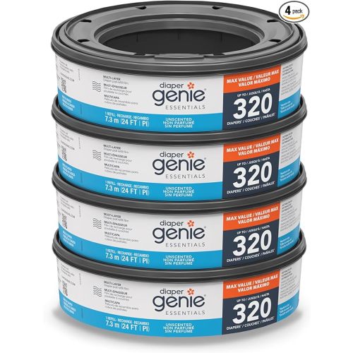 Diaper Genie Essentials Round Refill Pack of 4 | Holds Up to 1280 Newborn Diapers | Features Unscented Continuous Film | Compatible with Diaper Genie Complete and Expressions Pails