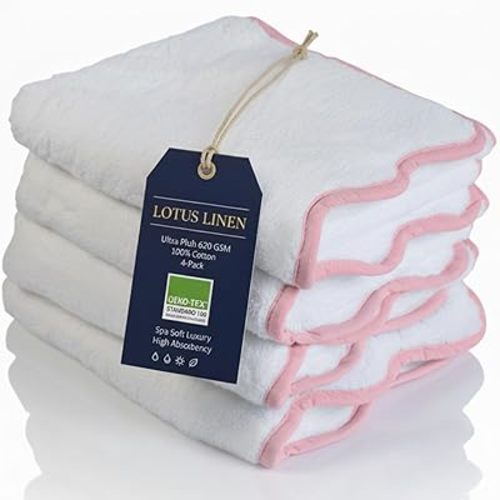 Lotus Linen Scallop Piping Hand Towels Set of 4 – 620 GSM Zero Twist 100% Cotton Spa Towel, Ultra Soft, Highly Absorbent, Luxury Towels for Bathroom (Pink Piping, Hand Towel (Pack of 4))