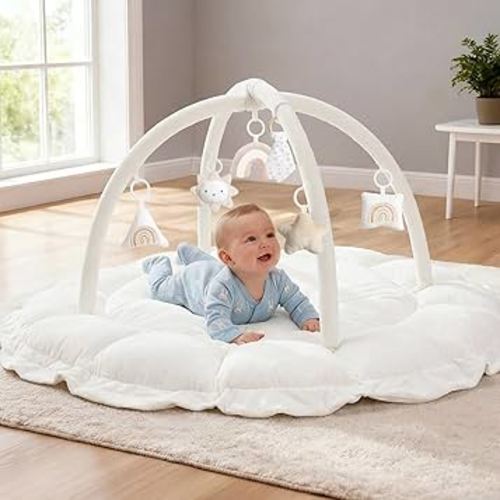 5-in-1 Thick & Plush Baby Play Gym, Baby Play Mats for Floor, Tummy Time Mat with 6 Toys, Convertible Stage-Based Developmental from Babies to Toddlers, Ball Pit, White