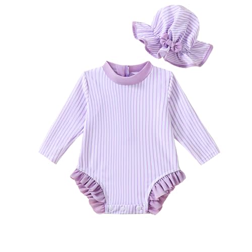 Baby Girl Swimsuit UPF 50+ Sun Protection Long Sleeve Rash Guard Swimwear Zipper One Piece Infant Bathing Suit with Hat
