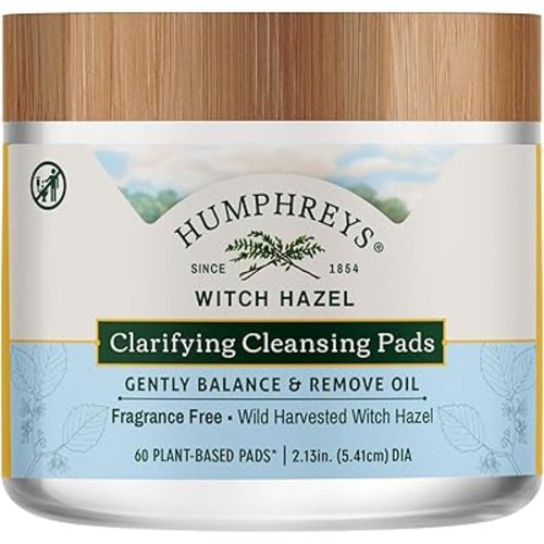 Humphreys Witch Hazel Clarifying Cleansing Pads | Wild Harvested Witch Hazel | Natural, Fragrance-Free Formula | Removes Oil & Impurities | 60 Rounds