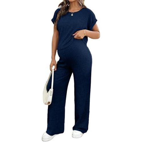 BLENCOT Maternity Clothes Ribbed Short Sleeve Maternity Pajamas Sets Sleepwear Lounge 2 Piece Matching Outfits Set