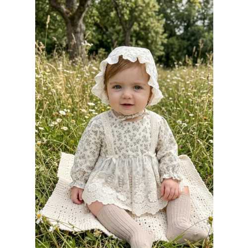 Baby Girl 100% Cotton Dress with Matching Bonnet Set | Cottagecore Infant Lace Dress | Toddler Birthday Outfit | Floral Romper Dress |