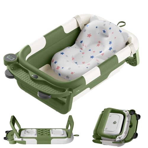 Collapsible Baby Bathtub, Baby Bath Tub with Soft Thermometer & 1 Soft Floating Cushion, Baby Bathtub Newborn to Toddler 0-36 Months, Portable Travel Baby Bathtub Green