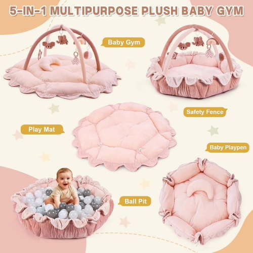 5-in-1 Activity Gym & Mat with 6 Hanging Toys, Tummy Pillow & Cards - Large, Reversible Washable Pad - Gift for Newborns, Infants 0-12 Months, Pink