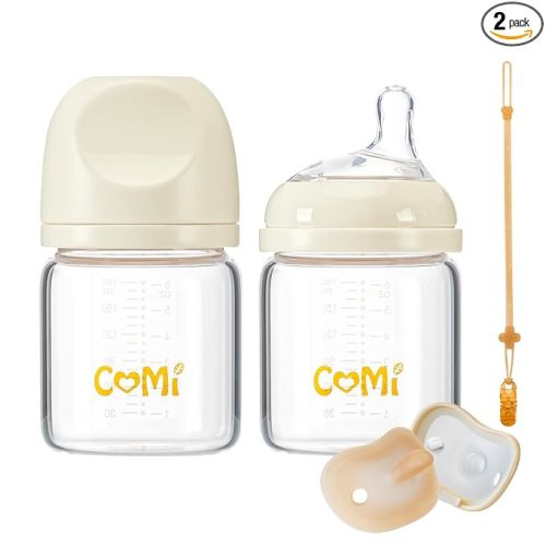 COMI Natural Glass Baby Bottles for Breastfeeding Babies,Newborn Anti-Colic Baby Bottle Set with Slow Flow Nipple,0-3 Months,BPA-Free,6 oz,2 Pack