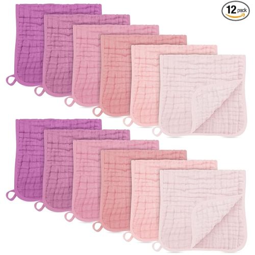 SWEET DOLPHIN 12 Pack Muslin Burp Cloths Large 100% Cotton Burping Clothes for Baby Drool - Absorbent and Soft Boys & Girls Milk Spit Up Rags for Newborn Essentials Registry - Hibiscus Sunset